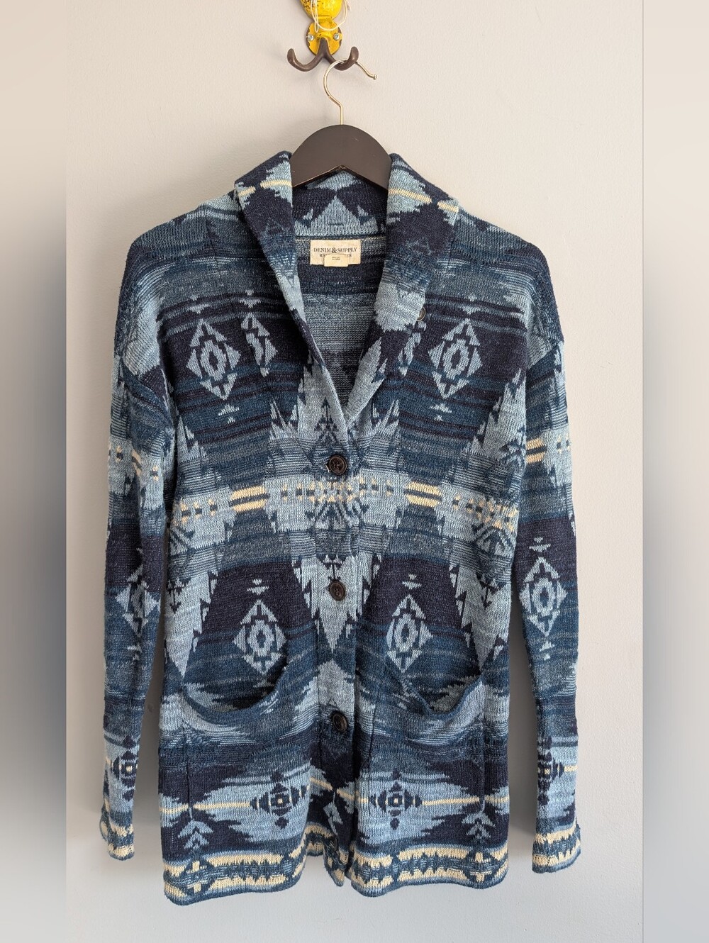 Vintage Ralph Lauren Denim & Supply 100% Cotton Blue Aztec Knit Cardigan Size S